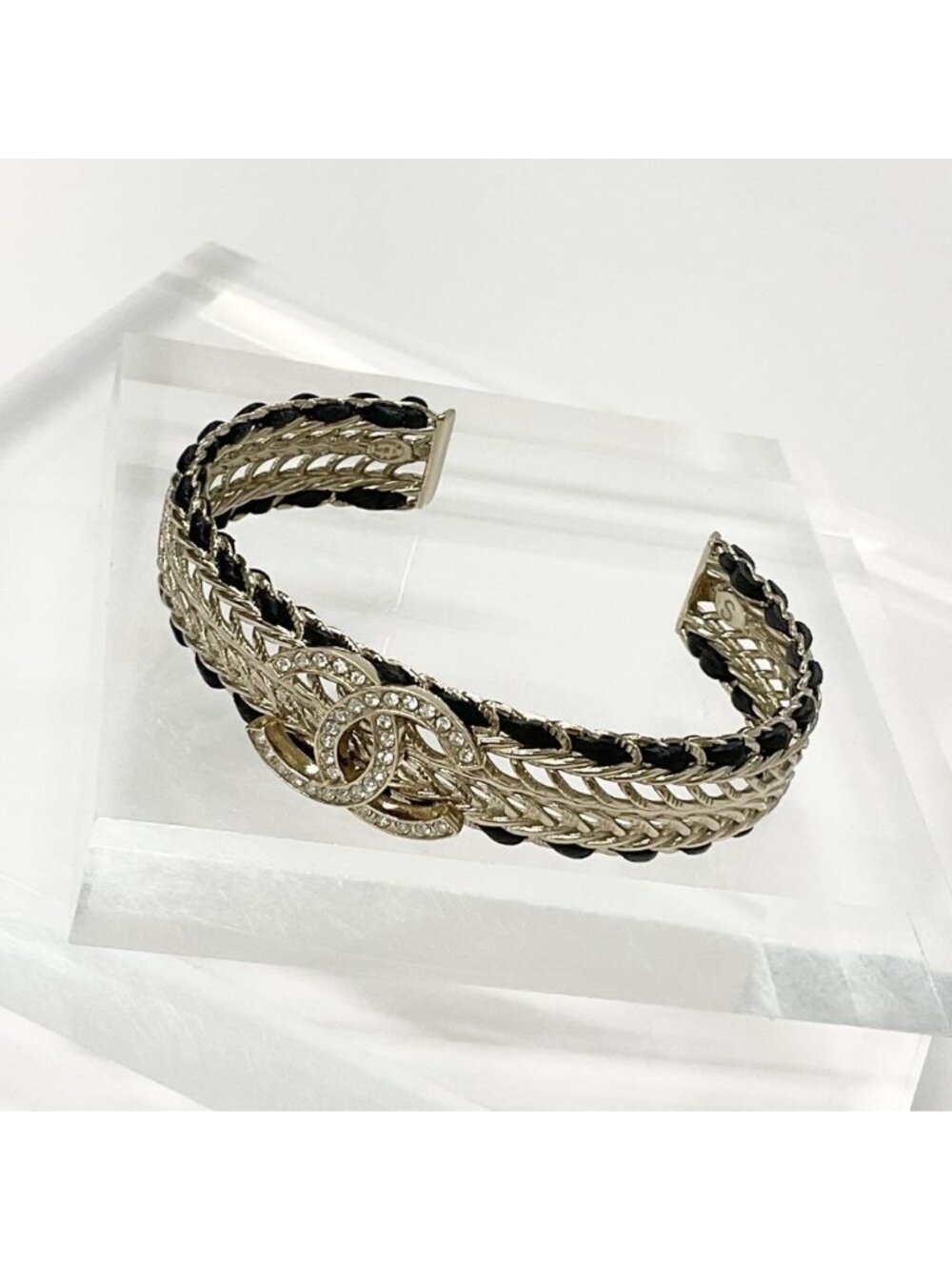 Chanel CC Logo Bangle Rhinestone Leather Bracelet Gold